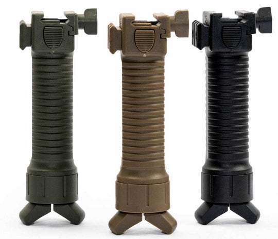 Spring loaded bipod foregrip available in black, OD green, and tan colors with tactical muzzle control and picatinny rail compatibility.