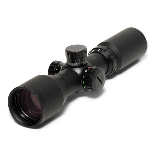 Compact 3-9x42 Scope with matte black finish, adjustable turrets, and illuminated reticle for versatile and quick target acquisition.