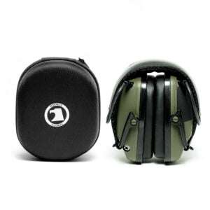 Compact electronic earmuffs with 6x sound amplification and noise reduction, featuring durable headband and external battery compartment.