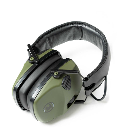 Low profile electronic earmuffs with 6x sound amplification and noise reduction rating of 25 decibels
