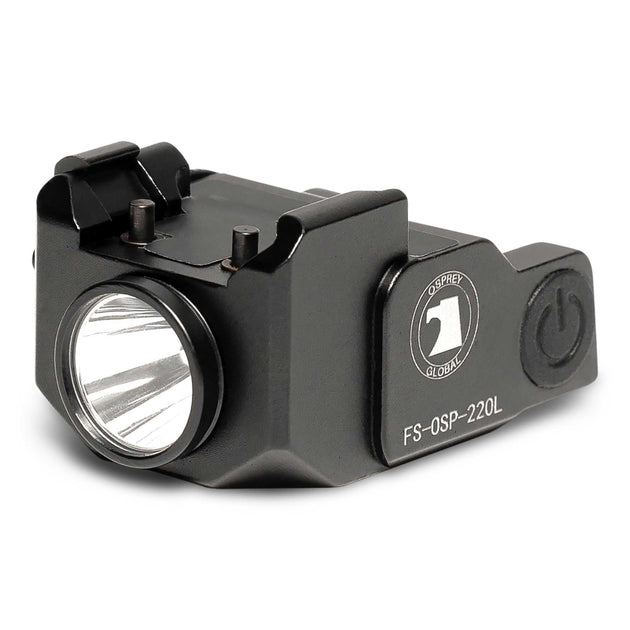 Compact black pistol tactical light with 220 lumens and rechargeable battery designed for 1-inch rail mounting
