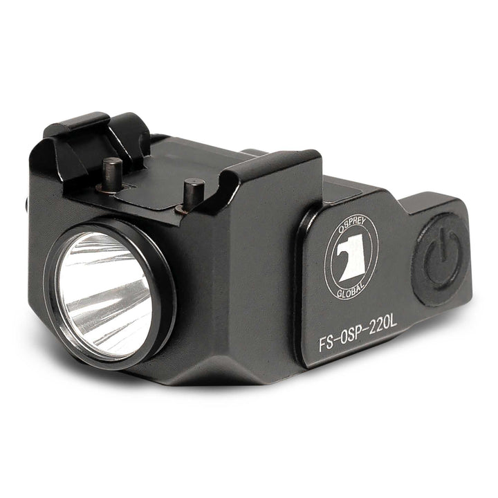 Compact black pistol tactical light with 220 lumens and rechargeable battery designed for 1-inch rail mounting