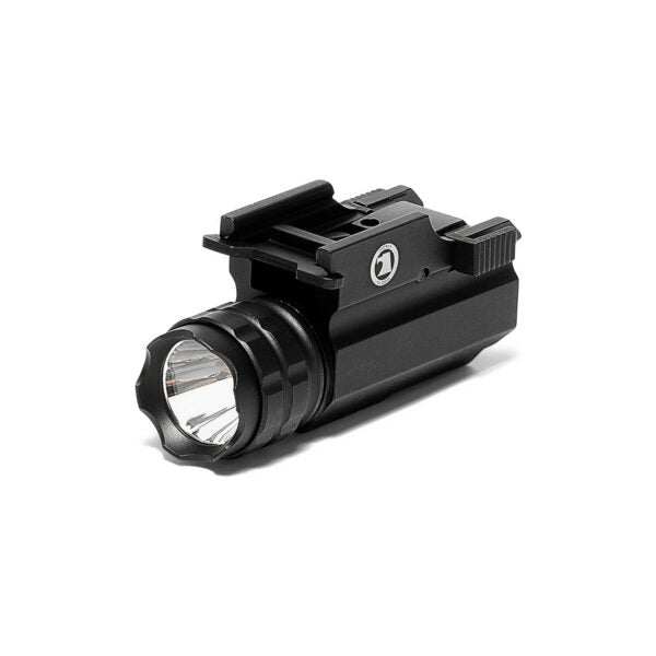 Black pistol tactical light with 230 lumens, quick-release mount, and strobe function for Picatinny rails