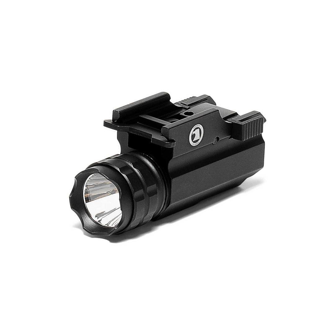 Compact Osprey 230 lumen pistol tactical light mounted on Picatinny rail