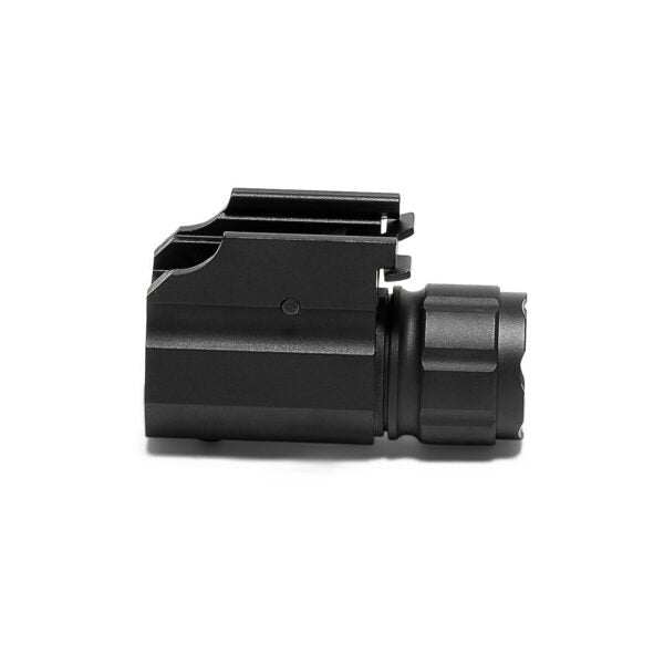 Compact black pistol tactical light with 300 lumens brightness and picatinny rail mount