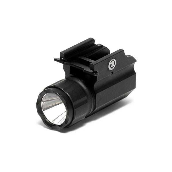 Compact black pistol tactical light with quick-release mount for picatinny