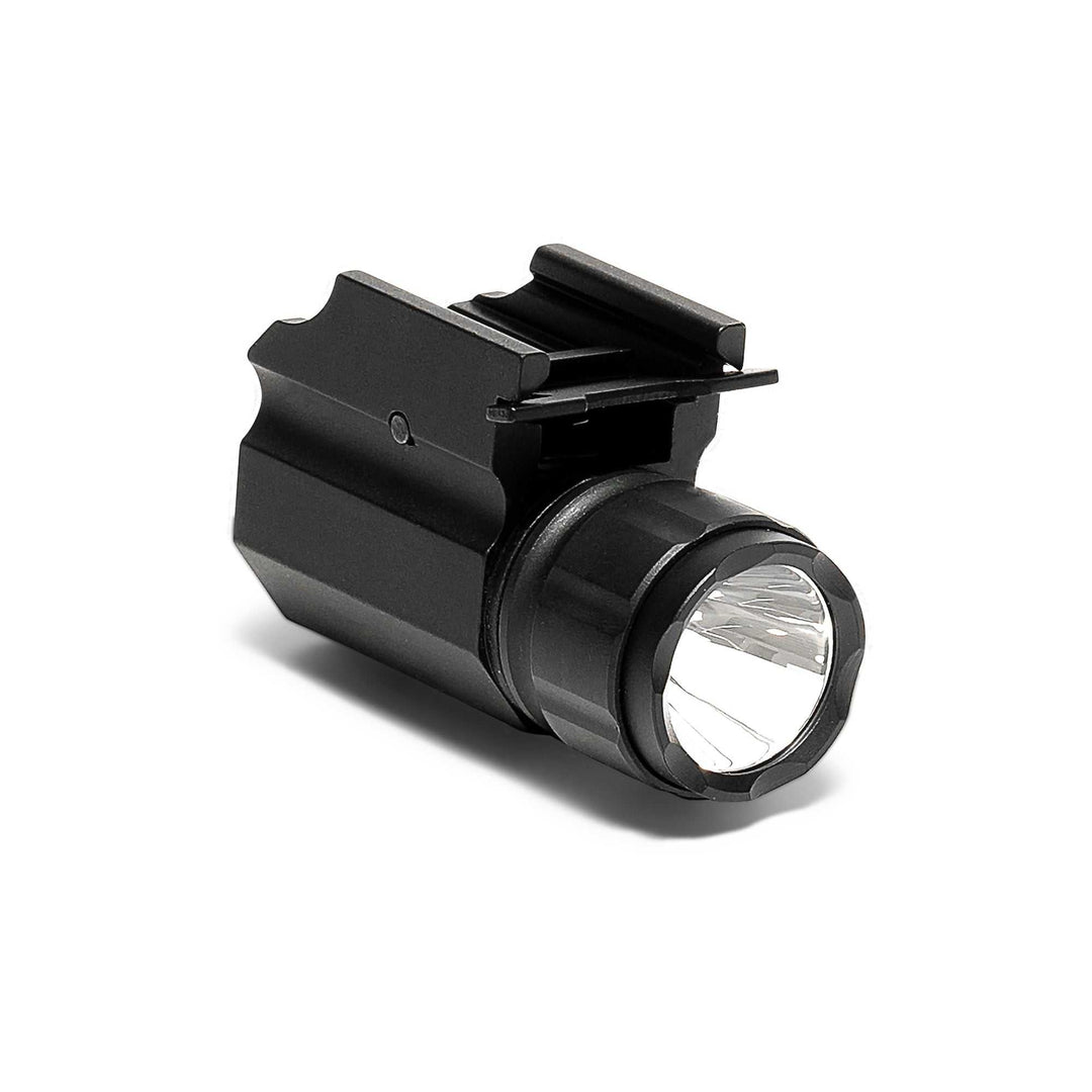 Compact Osprey 300 lumen pistol tactical light mounted on Picatinny rail handgun