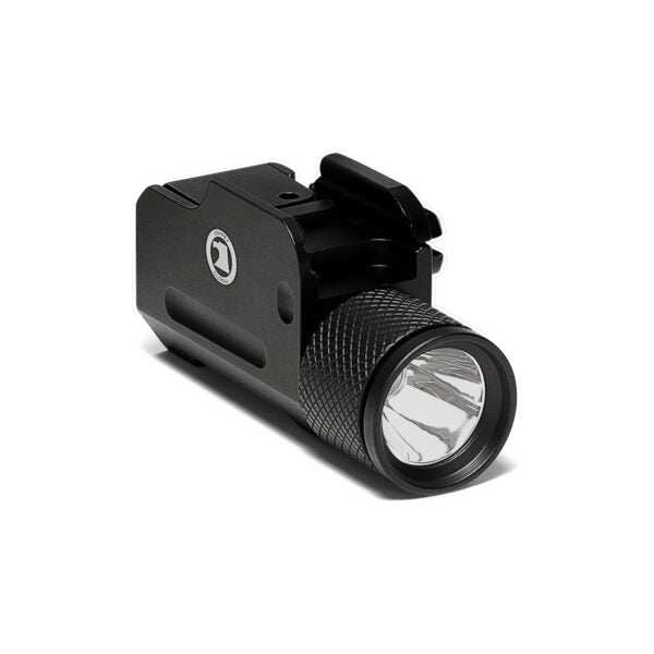 Compact black pistol tactical light with 500 lumens brightness and Picatinny rail mount and strobe feature