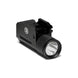 Compact black pistol tactical light with 500 lumens brightness and Picatinny rail mount and strobe feature