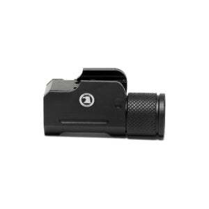 Compact black pistol tactical light with 500 lumens brightness and Picatinny rail mount