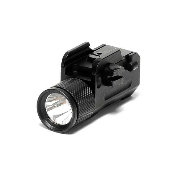 Compact black pistol tactical light with textured grip and Picatinny rail mount, 500 lumens brightness and strobe function.