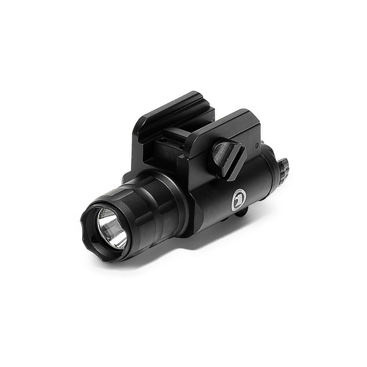 Compact Osprey 600 lumen pistol tactical light mounted on Picatinny rail with ambidextrous rocker switch and powerful beam
