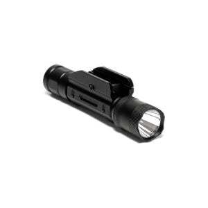 Matte black 600 lumen tactical rifle flashlight with Picatinny rail mount and adjustable brightness modes