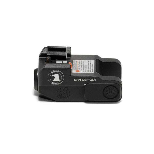 Compact black mini green laser sight with aluminum alloy body for picatinny rails, designed for discreet weapon attachment.