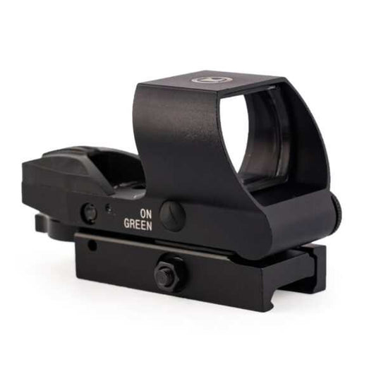 HGMR Quick Release Reflex Sight with 40mm lens, multi-reticle, red and green illumination, matte black finish, and picatinny/weaver rail mount.