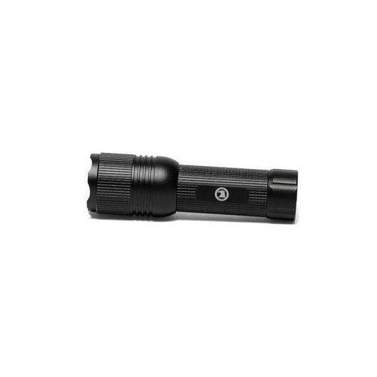 Compact black handheld flashlight with 600 lumens brightness, adjustable focus, and powered by 3 AAA batteries.