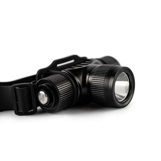 Black waterproof headlamp with 400 lumens, adjustable focus, and quick-release strap