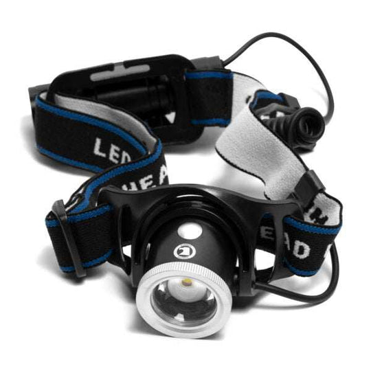 Rechargeable 600 lumens headlamp with adjustable LED focus and ergonomic strap