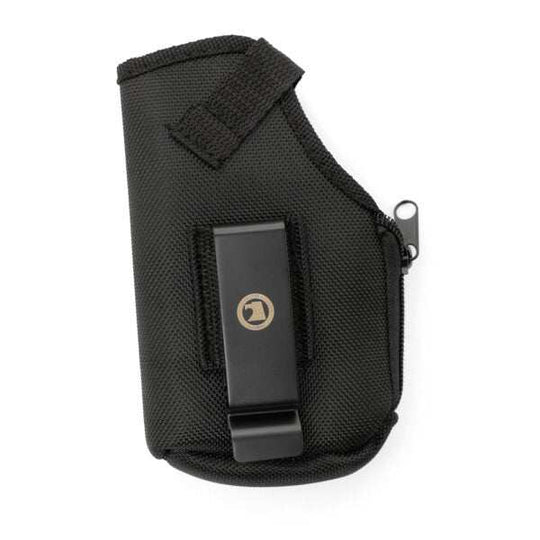 Black nylon inside or outside belt holster with removable clip for compact or full-size handguns, ambidextrous design and slim profile.