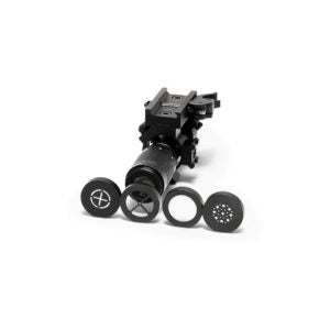 Black Osprey laser designator with adjustable focus and interchangeable reticle filters, designed for rifle targeting and coyote hunting.