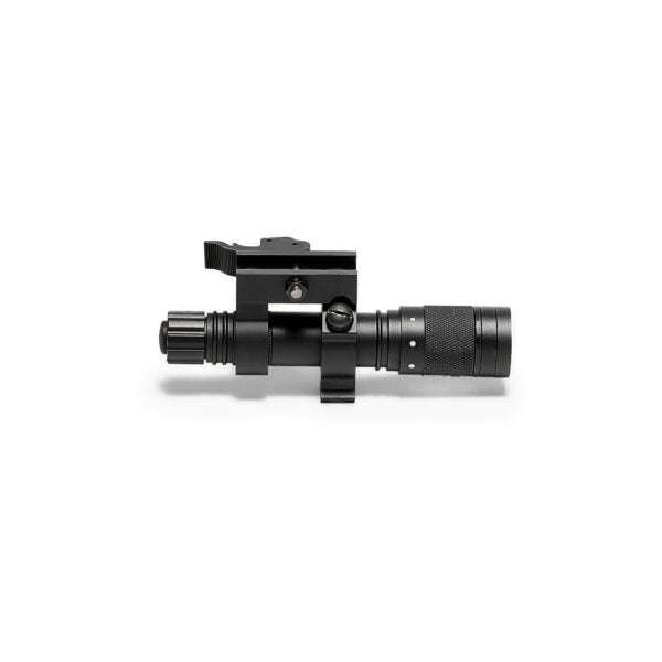 Compact black anodized aluminum laser designator with adjustable focus and mounting bracket for targeting.