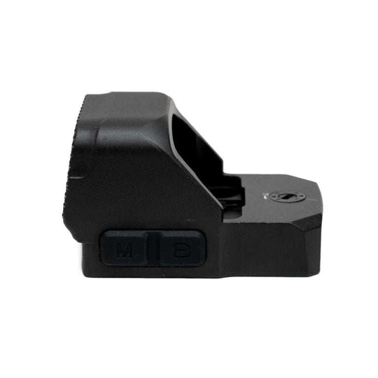 Compact RMR Multi Reticle Red Dot Sight in black with motion-activated technology and crashproof hood for pistols and small rifles.