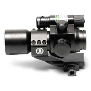 Compact red dot sight with green laser and adjustable mount for precision shooting