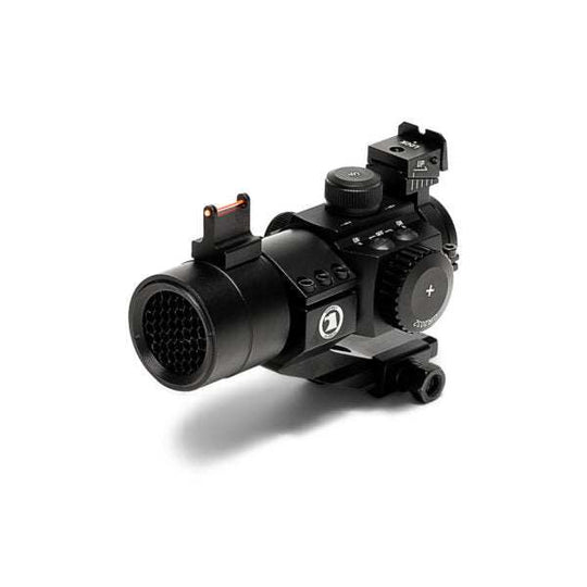 Osprey Red and Green Dot Fiber Optic Sight with 5 MOA red dot, adjustable backup iron sight, removable flash guard, and 30mm cantilever mount for firearms.