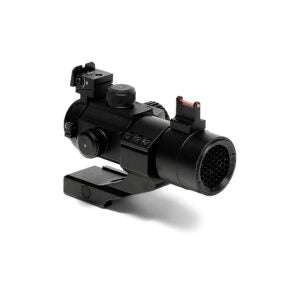 Osprey Red and Green Dot Fiber Optic Sight with 5 MOA red dot, adjustable backup iron sight, removable flash guard, and 30mm cantilever mount for co-witnessing.