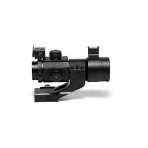 Red and green dot fiber optic sight with adjustable backup iron sight and 30mm cantilever mount for firearms