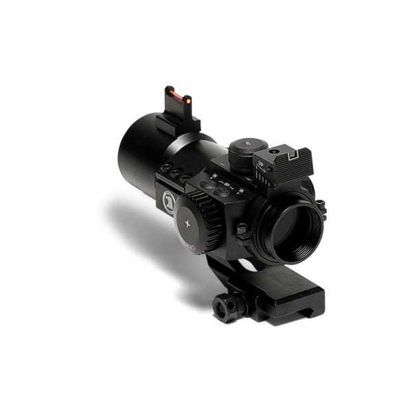 Osprey Red and Green Dot Fiber Optic Sight with 5 MOA red dot, adjustable backup iron sight, removable flash guard, and 30mm cantilever mount.