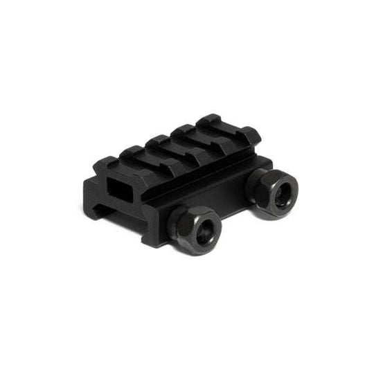 Half inch risers with matte black aluminum alloy construction for elevating Picatinny rail mounts, available in 4-slot and 8-slot sizes