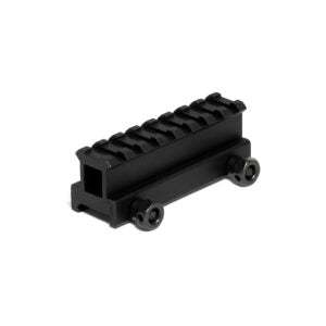 1-inch black aluminum riser with 8-slot design for Picatinny rails, lightweight and corrosion-resistant with lifetime warranty