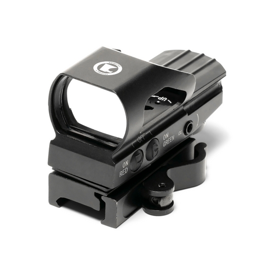 RSMR Quick Release reflex sight with 4 reticle patterns, 3 MOA center dot, red and green illumination, quick release mount, matte black finish, and dual digital switches.