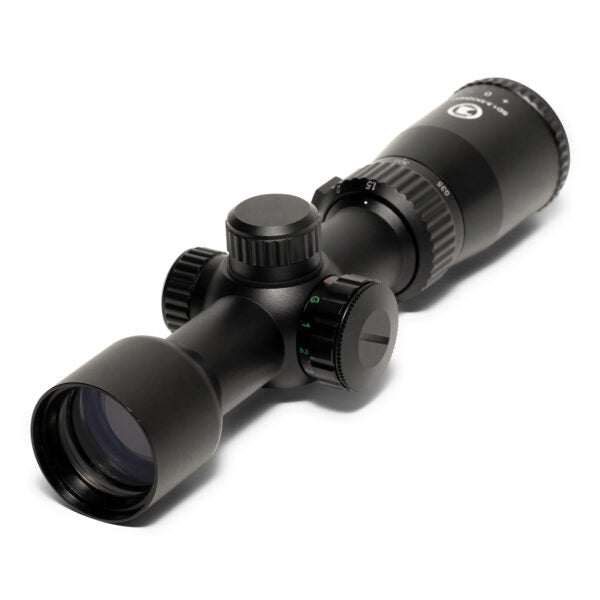 Compact matte black Osprey Standard 1.5-5x32 MDG rifle scope with illuminated Mil-Dot reticle, waterproof, fog proof, shock proof, and includes dust covers and mounting rings.