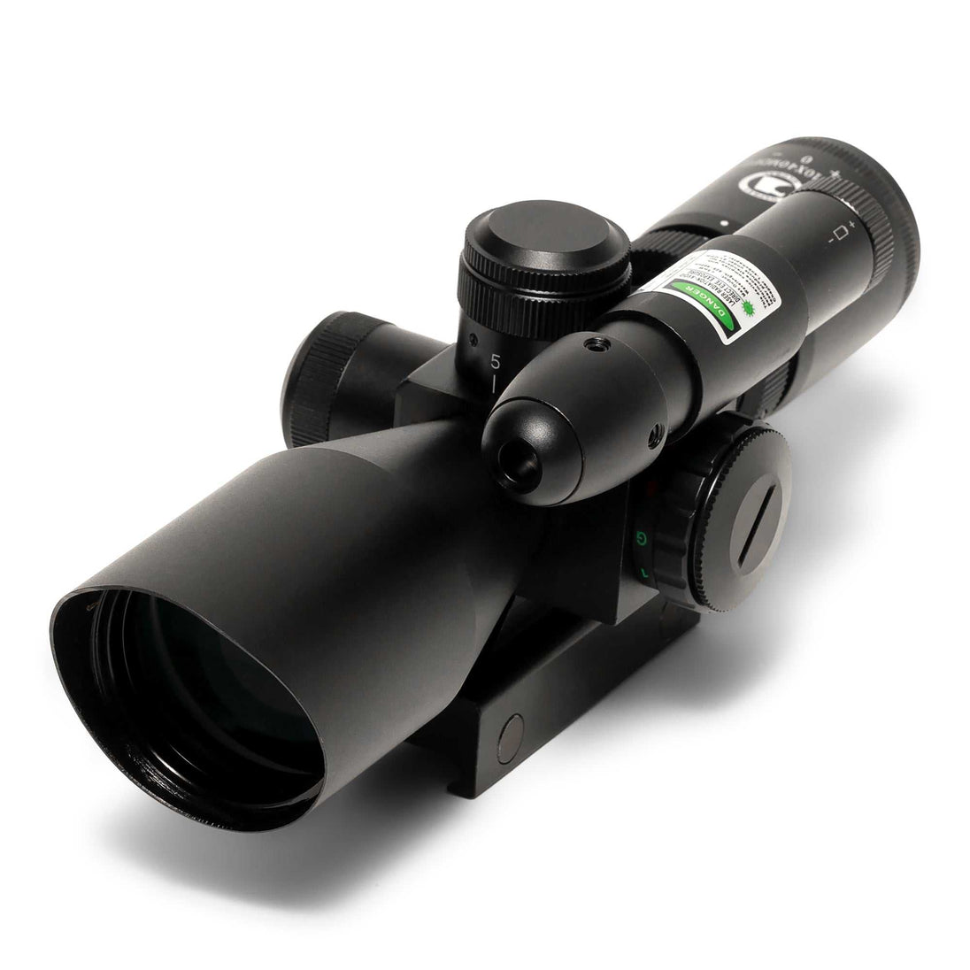 Osprey Standard 2.5-10x40MDG rifle scope with variable zoom, green laser, bullet drop compensator, sunshade, and integrated mount.