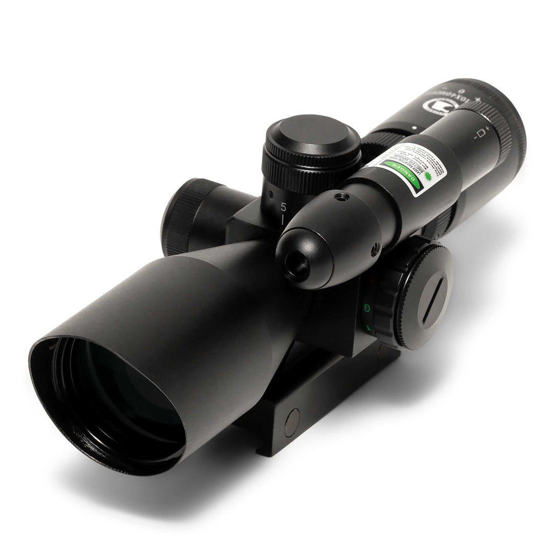 Osprey Standard 2.5-10x40MDG rifle scope with variable zoom, green laser, bullet drop compensator, sunshade, and integrated mount.
