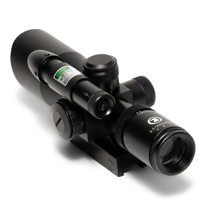 Osprey 2.5-10x40MDG rifle scope with illuminated Mil-Dot reticle and integrated green laser