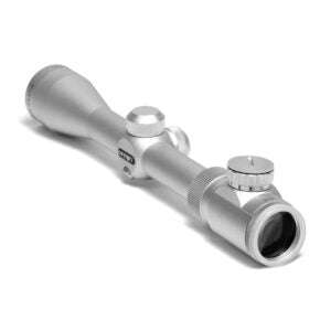 Silver scope with 3-9x magnification, 40mm objective, Mil-Dot reticle, illuminated glass, matte satin finish, fog proof, waterproof, shockproof, with matching ring mounts and dust covers.