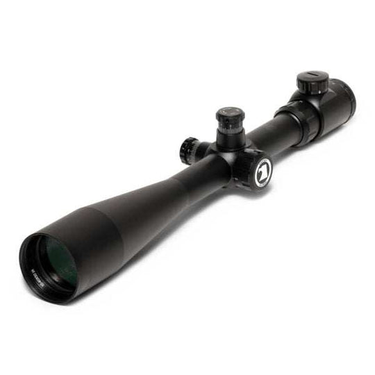 Matte black Tactical 10-40x50 scope with mil-dot reticle and adjustable turrets for long-range shooting.