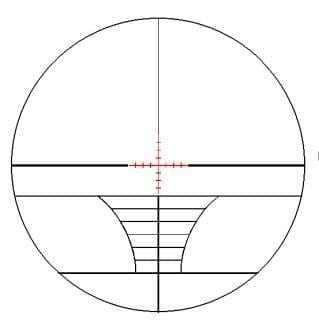 Tactical rifle scope reticle view with red illuminated rangefinder and mil-dot markings for 6-24x50 magnification scope