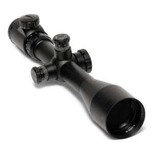 Tactical 4-16x50 Scope with matte black finish, illuminated reticle, 50mm objective lens, and durable waterproof design.