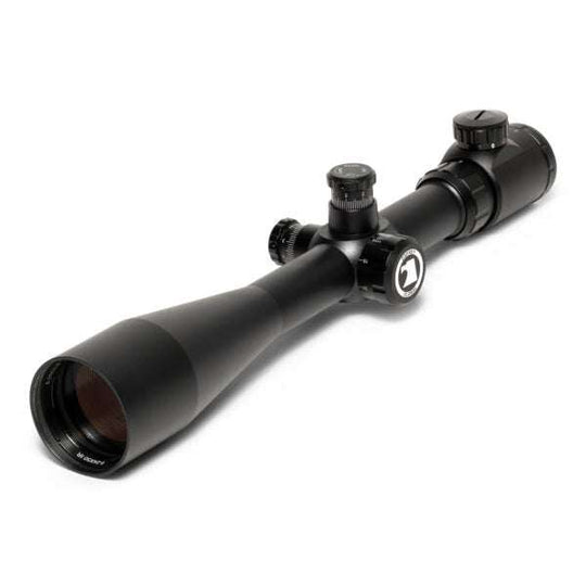Matte blackTactical 6-24x50 Scope with 30mm tube, illuminated reticle, and adjustable turrets for hunting and shooting accuracy.