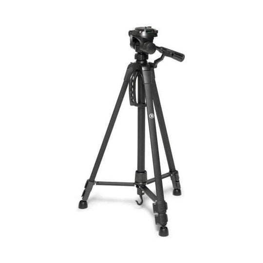 Black tripod with 360-degree motion, adjustable height up to 55 inches, designed for 20-60×80 spotting scopes, with universal adapter and carrying case.
