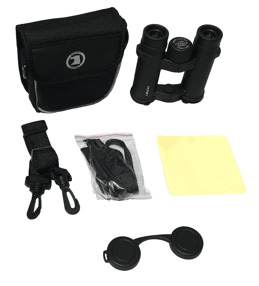 Osprey 10x26 binoculars with carrying case, strap, lens covers, and cleaning cloth for outdoor activities