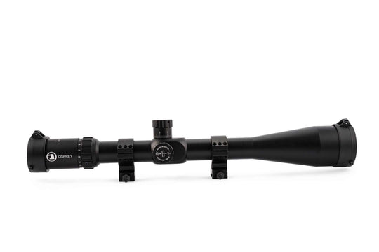 Elite Series 4-40x56 FFP rifle scope with etched glass reticle, black matte finish, and aluminum rings