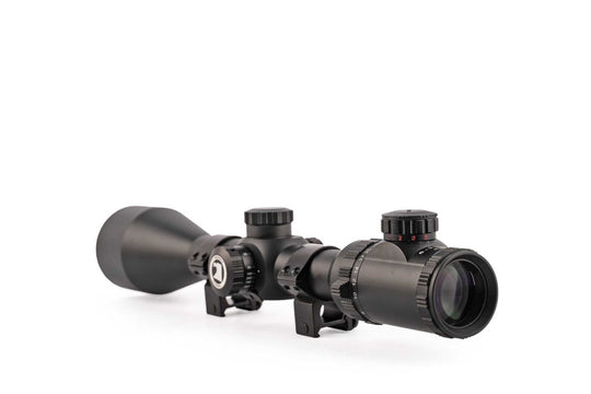 Matte black Tactical 5-30x56 Scope with illuminated mil-dot reticle and heavy duty rings.
