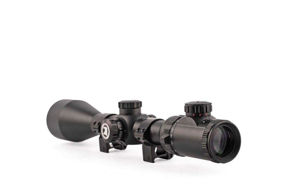 Matte black Tactical 5-30x56 Scope with illuminated mil-dot reticle and heavy duty rings.