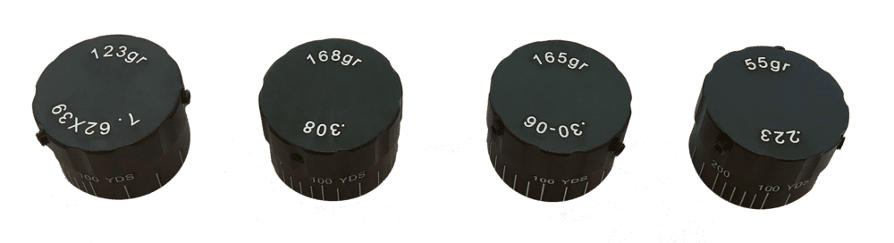 Compact bullet drop compensating turrets for Osprey scopes in calibers .223/5.56, .308, .30-06, and 7.62X39 with distance markings and easy adjustment knobs.