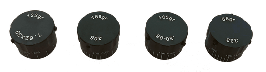 Compact bullet drop compensating turrets for Osprey scopes in calibers .223/5.56, .308, .30-06, and 7.62X39 with distance markings and easy adjustment knobs.
